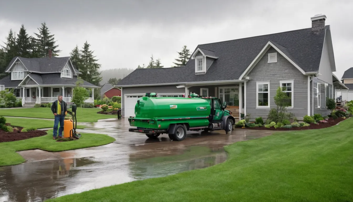 Friendly septic provider talking with a homeowner beside an open septic tank access lid in a yard near St. Paul